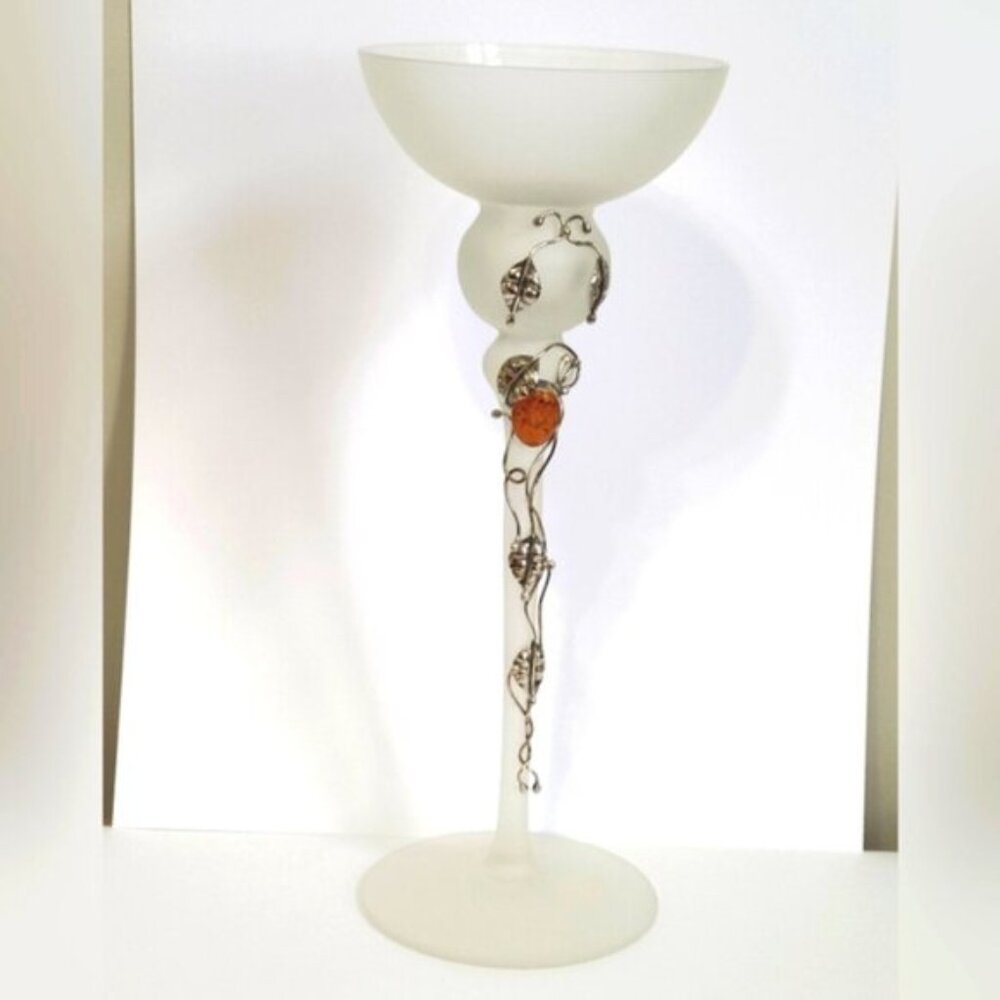 Vintage Frosted Glass Sterling Silver Amber Leaf Design Candle Tall Holder